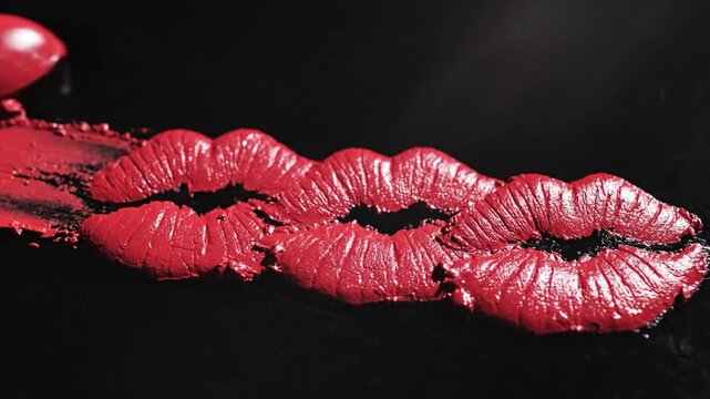 Vibrant red lipstick smears and sensual lip prints create a bold cosmetic statement on a dark