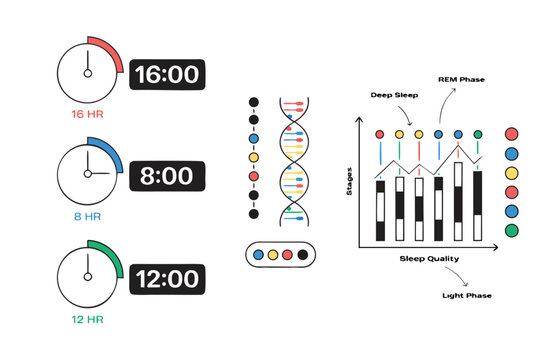 Infographic showing sleep duration DNA structure and sleep stages with REM and light phases represented by graphs and colored