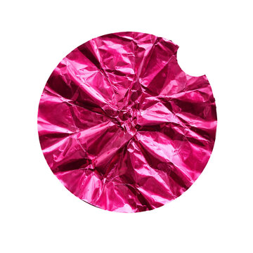 Blank pink round adhesive paper sticker label on white background
