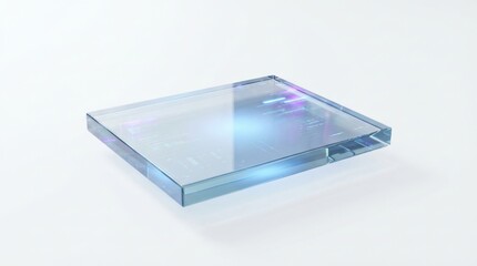 Transparent glass slab with reflective surface and subtle light effects.