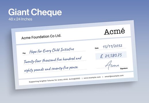 Giant Cheque Template for Charity Donation Presentations, Blank Check Layout
