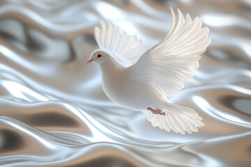 Obraz premium White dove in flight above soft flowing silk fabric. Peace symbol and purity concept.