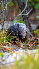 Armadillo with armored shell, amidst grass and undergrowth, in outdoor setting