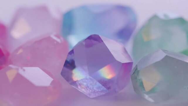Minimalist Glowing Crystal Array A clean, minimalist composition of a few elegantly shaped pastel crystals, each emitting a soft, ambient glow. The camera is fixed, capturing the subtle, looping