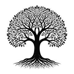 Black and white illustration of a stylized tree with a rounded crown. The branches and roots are intricately detailed