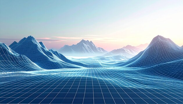 Abstract landscape with grid and mountains under a pastel sky.