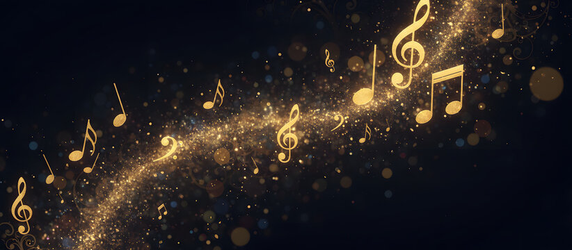 Gold music notes on dark background with bokeh lights.