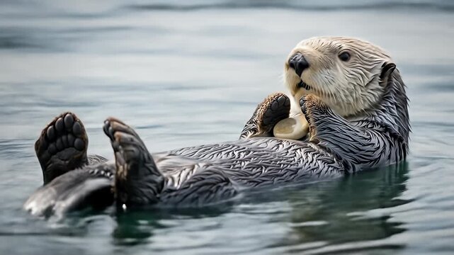 Sea Otter Floating on its Back in Water.