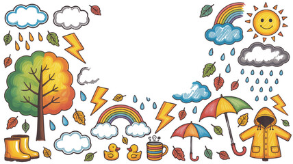 Fototapeta premium Autumn rain and weather icons with vibrant rainbow and umbrella