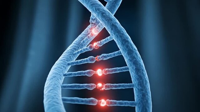 Blue DNA double helix close up with glowing mutation points highlighting genetic sequence and molecular structure scientific futuristic laboratory visualization blue genetic dna strand conveying