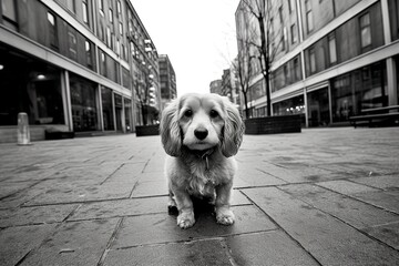Curious Puppy Walking Toward Camera on Urban Street (Black and White)