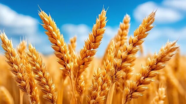 Golden wheat stalk and ear close up in sunny blue sky field with warm light, golden ripe cereal grain crop and harvest abundance, calm rural agriculture scene of natural texture