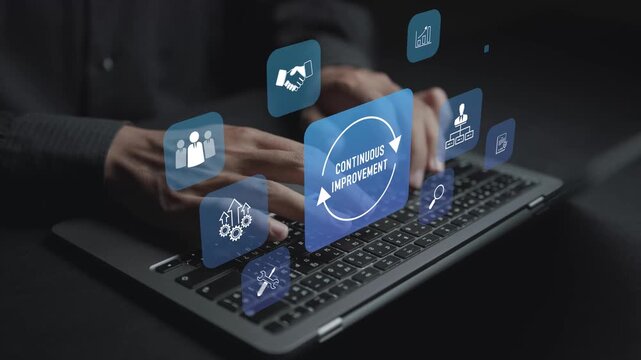 Continuous improvement concept. Person using laptop with process optimization and growth icons, performance enhancement, workflow efficiency and business development.