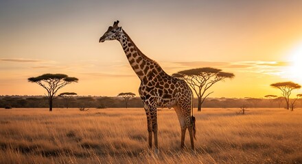 Tall Giraffe Standing in Savanna at Sunset
