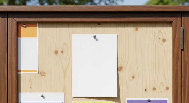 Notice board with blank papers pinned on wooden wall outdoors in a rural setting viewed from the front