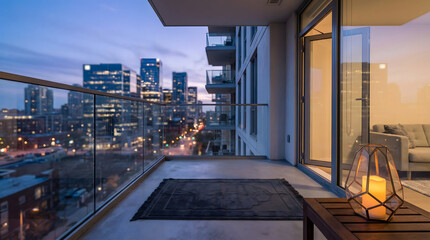 Fototapeta premium Modern Apartment Balcony Setup with Prayer Rug and Lantern at Night
