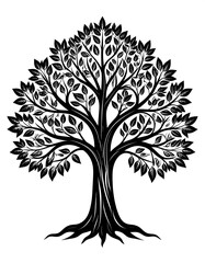 Black and white illustration of a stylized tree with intricate branches, leaves, and roots against a white background