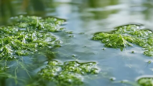 Green algae filaments and aquatic plant mat floating calm pond water surface with gentle ripples, reflective sunlight reflections, serene natural texture and green wetland nature aquatic filament