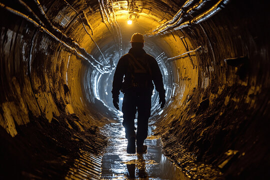 Silhouette of a person in protective gear inside a wet industrial tunnel with dramatic golden light ahead. Underground work, safety, and exploration atmosphere.