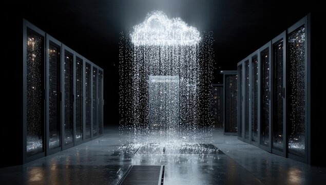 Futuristic server room with glowing digital cloud data flowing down