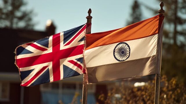 british flag waving next to indian flag. relations between great britain and india