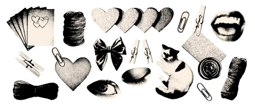 Love halftone art collage cut outs set. Paper clipping shapes. Modern retro mixed media vector illustration.