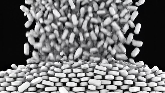 Numerous white pharmaceutical pills and capsules falling rapidly, creating a large pile on a dark