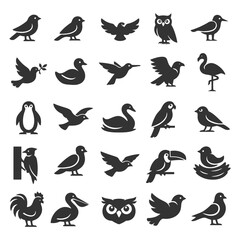 Fototapeta premium Silhouette collection of various bird species in flight and perched.