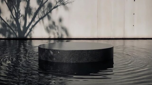A sleek, circular grey basalt stone podium sitting in the center of a calm water pond. Soft ripples moving outward. Background is a minimalist concrete wall with a branch shadow casting over it. 