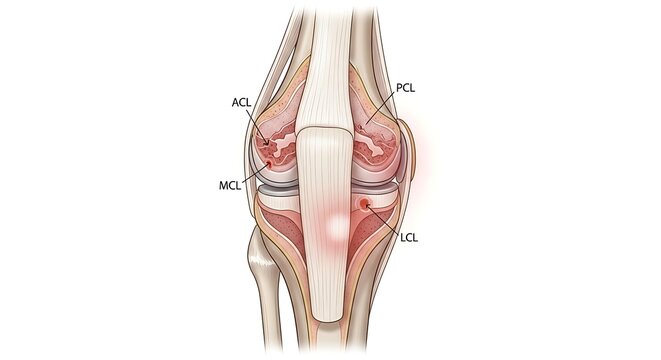 Human knee joint anatomy illustrating common ligament tears and injury locations