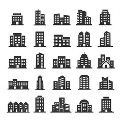 Set of diverse building icons representing various architectural styles and structures.