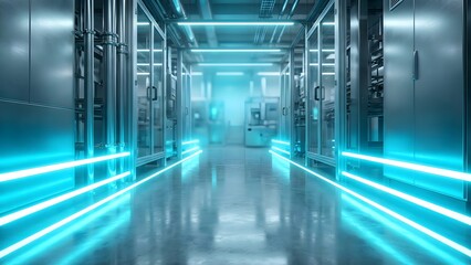 Obraz premium A futuristic industrial corridor illuminated by vibrant blue neon lights reflecting on a polished floor