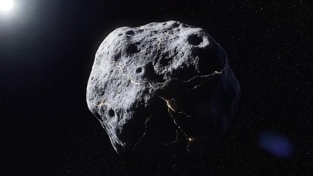 Asteroid in the Cosmos: An imposing asteroid, illuminated by a celestial body, floats serenely against the vast, dark canvas of outer space.