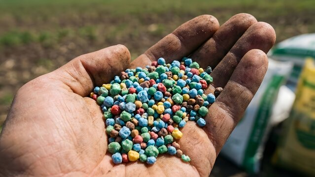 A farmer s hand holding a pile of colorful granular fertilizer pellets
