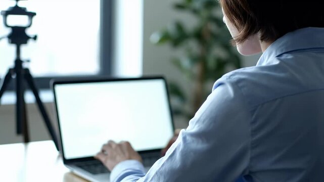 Woman working on laptop computer in modern office environment with blurred background and tripod camera setup for remote communication or content