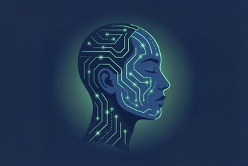 Obraz premium Digital human head with circuit board pattern and glowing lines.