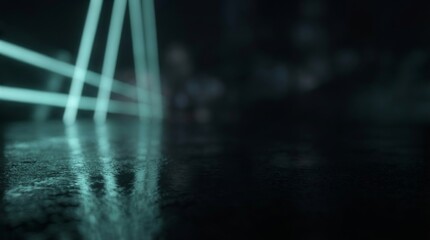 Dark abstract background with neon light reflections on wet surface.