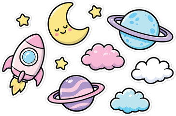 Fototapeta premium Set of 9 Cute Cartoon Space Elements Vector