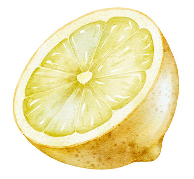 Watercolor illustration of Lemon Slice with detailed pulp texture and translucent flesh. Half of Citrus fruit element isolated for food packaging, recipe design, kitchen prints, menus and branding
