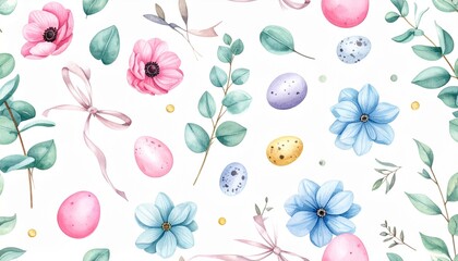 Watercolor Easter Eggs and Floral Elements Showcasing Spring Festivity, Seasonal D&eacute;cor, and Cheerful Holiday Design