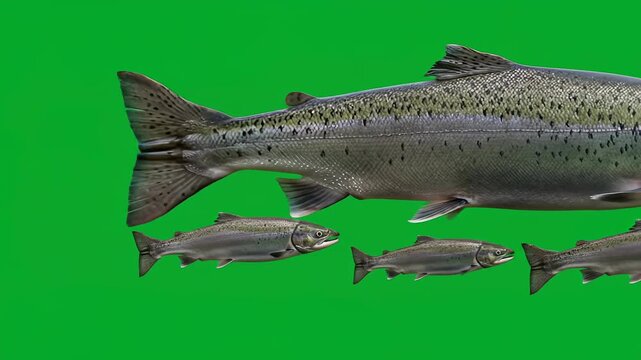 Different sizes of salmon fish isolated on green background