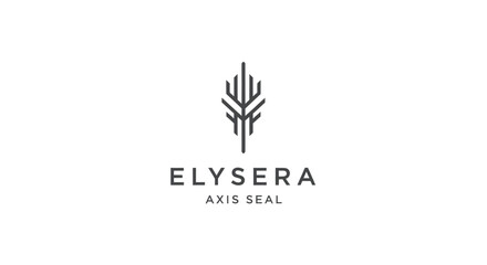 Minimalist abstract feather logo design with text ELYSERA AXIS SEAL on white background © Alienmarsh