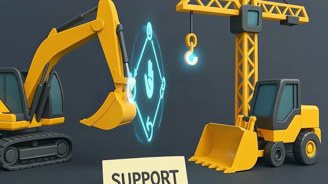 Support service concept with yellow excavator and crane forming friendly connection and technical assistance symbol glowing, support construction concept with toy excavator bulldozer tower crane