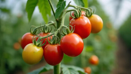 Unripe tomatoes in the greenhouse. 