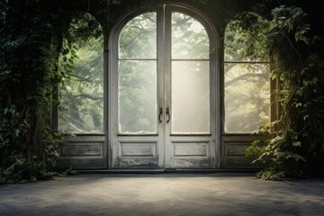 Fototapeta premium Old arched double doors covered in green vines with sunlight filtering through