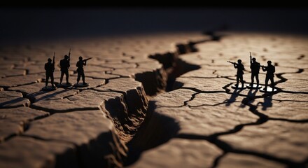 Miniature toy soldiers stand on opposing sides of a deep, winding crack in dry, parched earth, symbolizing division and conflict.