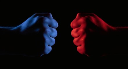 Two clenched fists, one illuminated in cool blue and the other in vibrant red, confront each other in a dark, empty space.