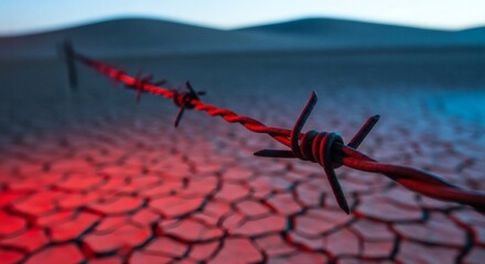 Close-up view of red-tinted barbed wire stretching across a vast, cracked desert landscape under a contrasting red and blue sky.