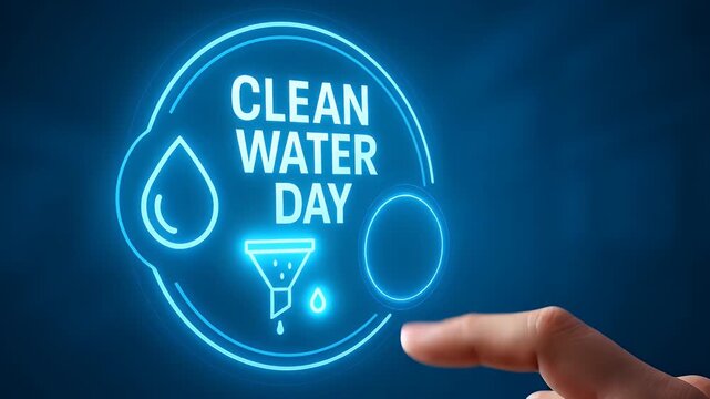 Clean water day blue neon icon with hand press glowing button touch fingertip press drop filter symbol conveying conservation access urgency hope and touch activation representing filtration urgency