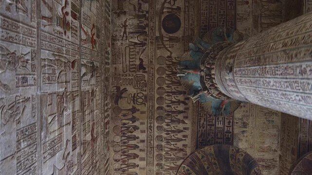 Egypt. Esna temple hypostyle hall with massive painted columns and colorful hieroglyphic reliefs on ceiling in Egypt, ancient Roman-era architecture with preserved pigments and carvings.